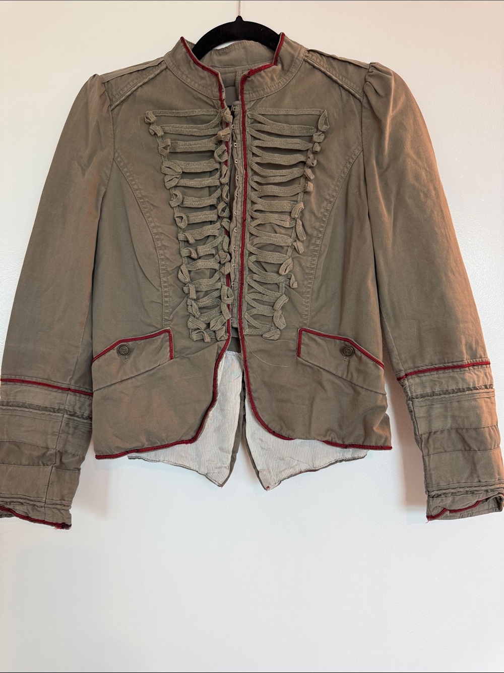 Zara Olive Green Military-Style Jacket with Red Trim